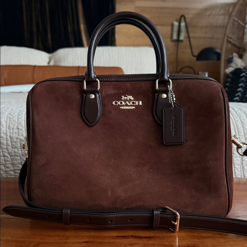 Coach Large Rowan Dark Brown Suede Satchel